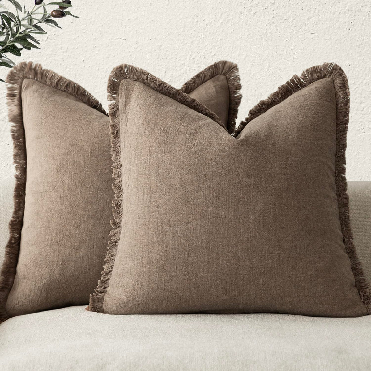 Foindtower Decorative Linen Fringe Throw Pillow Covers 20×20 Inch,Beige