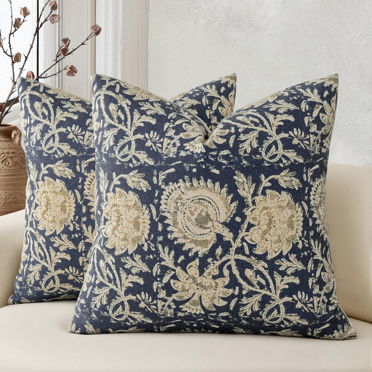 Vintage Floral Print Throw Pillow Covers 20x20 Set of 2 Neutral Modern Farmhouse Pillowcase Accent Decorative Cushion Covers Boho Home Decor for Couch Sofa Chair Bed Living Room, Olive Green
