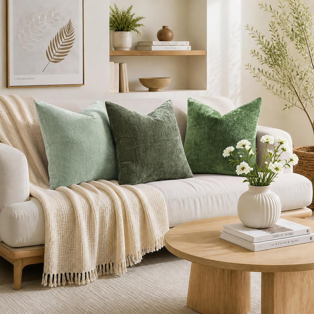 decorUhome Soft Chenille Moss Green Throw Pillow Covers 18X18 Set of 2