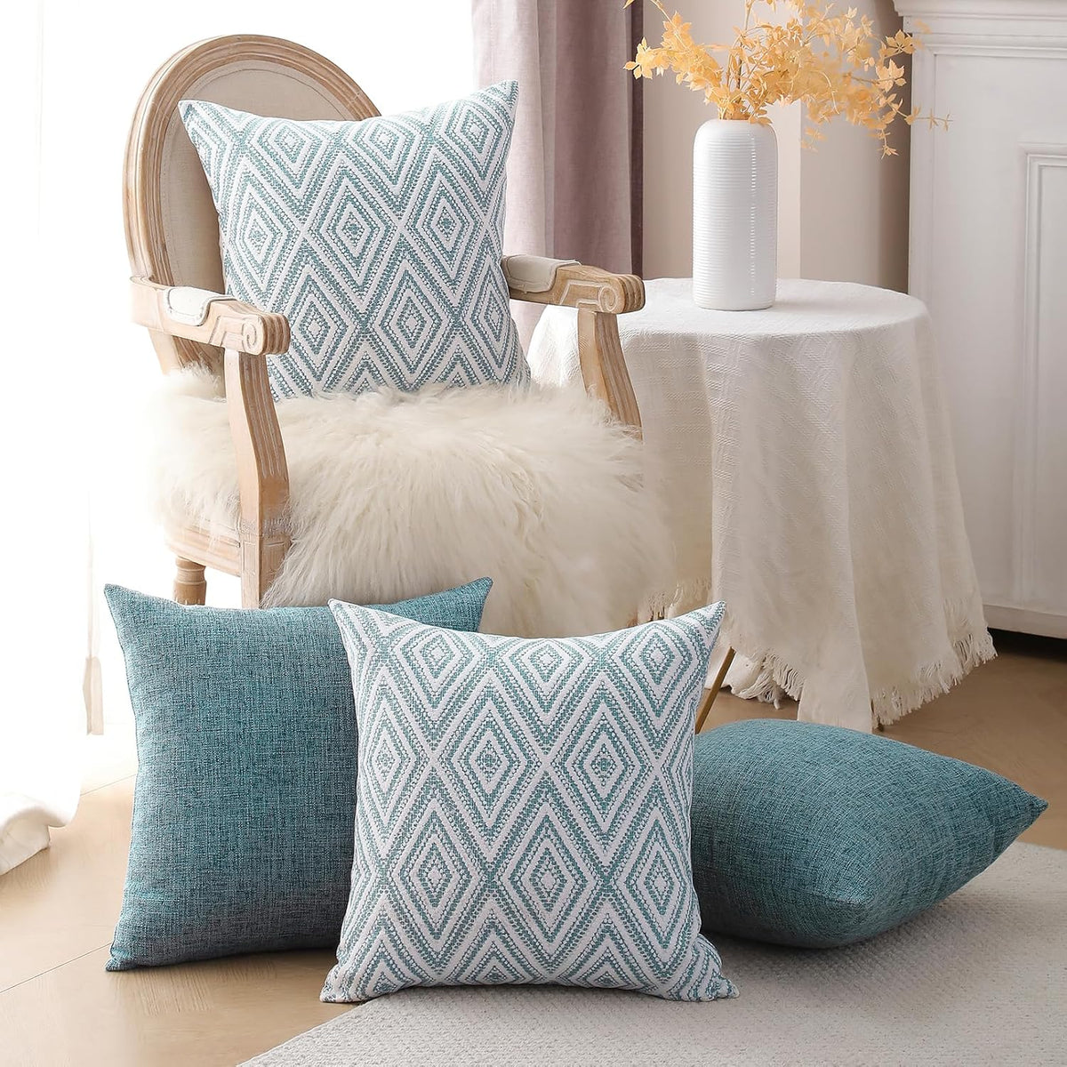 HPUK Throw Pillow Covers 18x18 Set of 4, Blue Patterned & Solid Covers