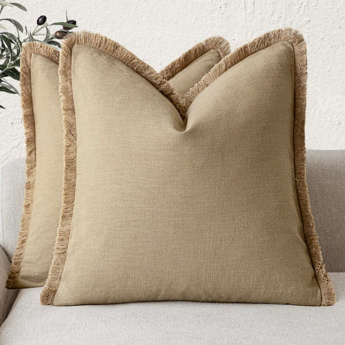Foindtower Decorative Linen Fringe Throw Pillow Covers 20×20 Inch,Beige