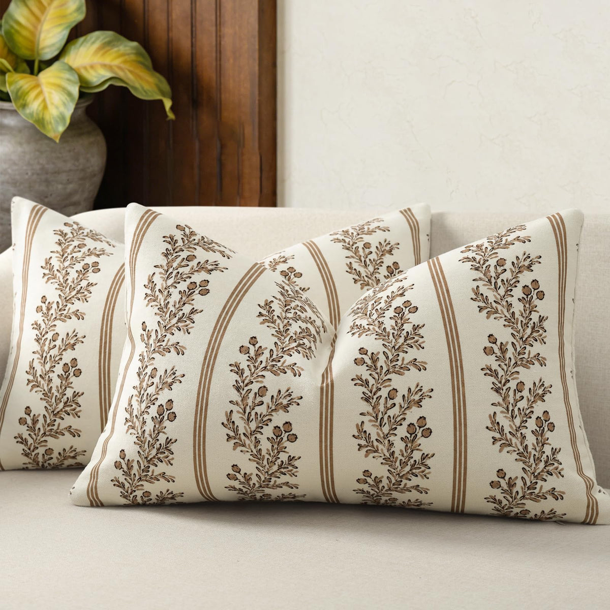 Vintage Throw Pillow Covers 18x18 Set of 2, Striped Floral Pillow Cover Botanical Patterned Decorative Cushion Covers Modern Farmhouse Home Decor for Sofa Couch Bed Living Room, Light Brown