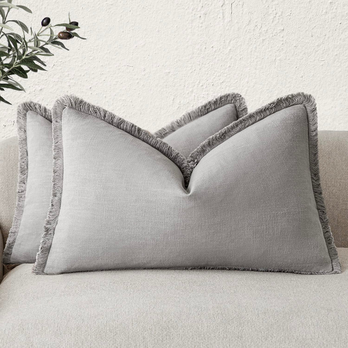 Foindtower Decorative Linen Fringe Throw Pillow Covers 20×20 Inch,Beige