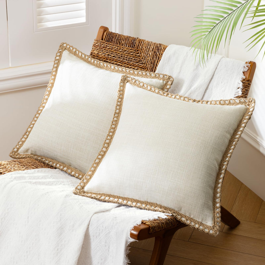 Phantoscope Pack of 2 Farmhouse Decorative Solid Throw Decorative Pillow Cover Burlap Linen Trimmed Tailored Edges Navy Blue 18 x 18 inches, 45 x 45 cm