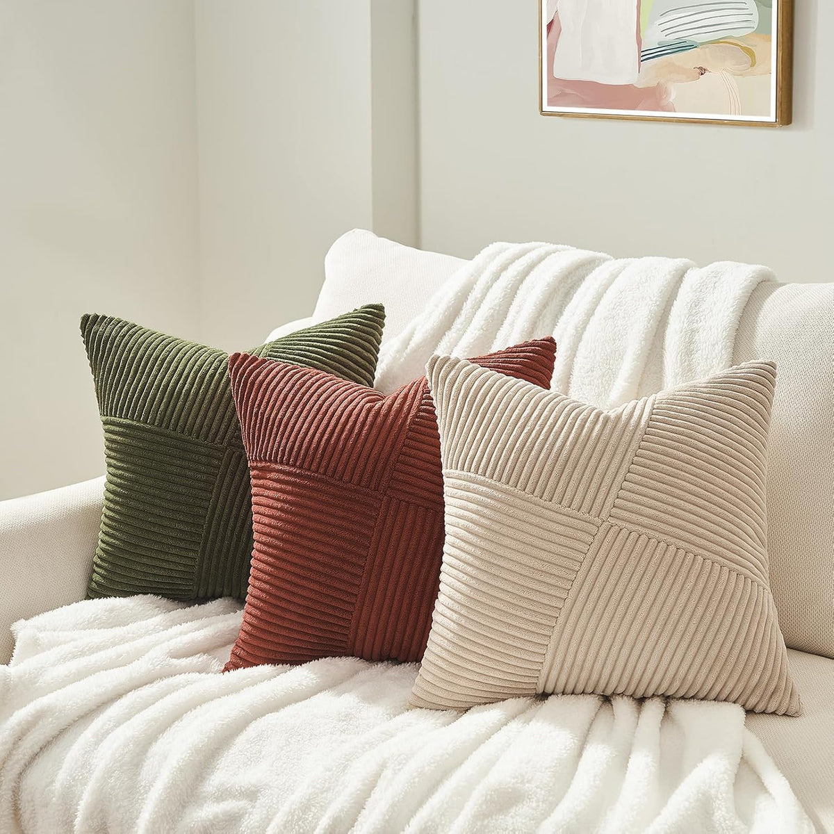 Topfinel Olive Green Decorative Throw Pillow Covers Set of 2 18x18 Inches for Couch Bed Sofa, Boho Aesthetic Home Decor, Soft Corduroy Striped Patchwork Windmill Textured Cushion Cases 45x45 cm