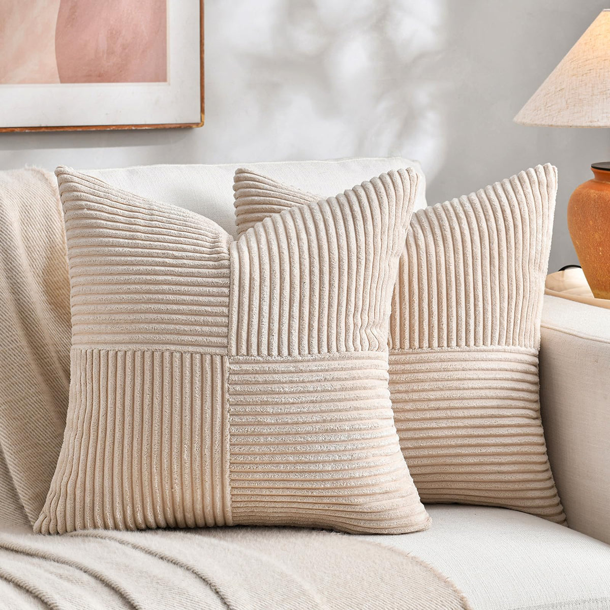 Fancy Homi 2 Packs Rust Boho Decorative Throw Pillow Covers 18x18 Inch for Couch Bed Sofa, Farmhouse Fall Home Decor, Soft Corss Corduroy Patchwork Textured Terracotta Accent Cushion Case 45x45 cm
