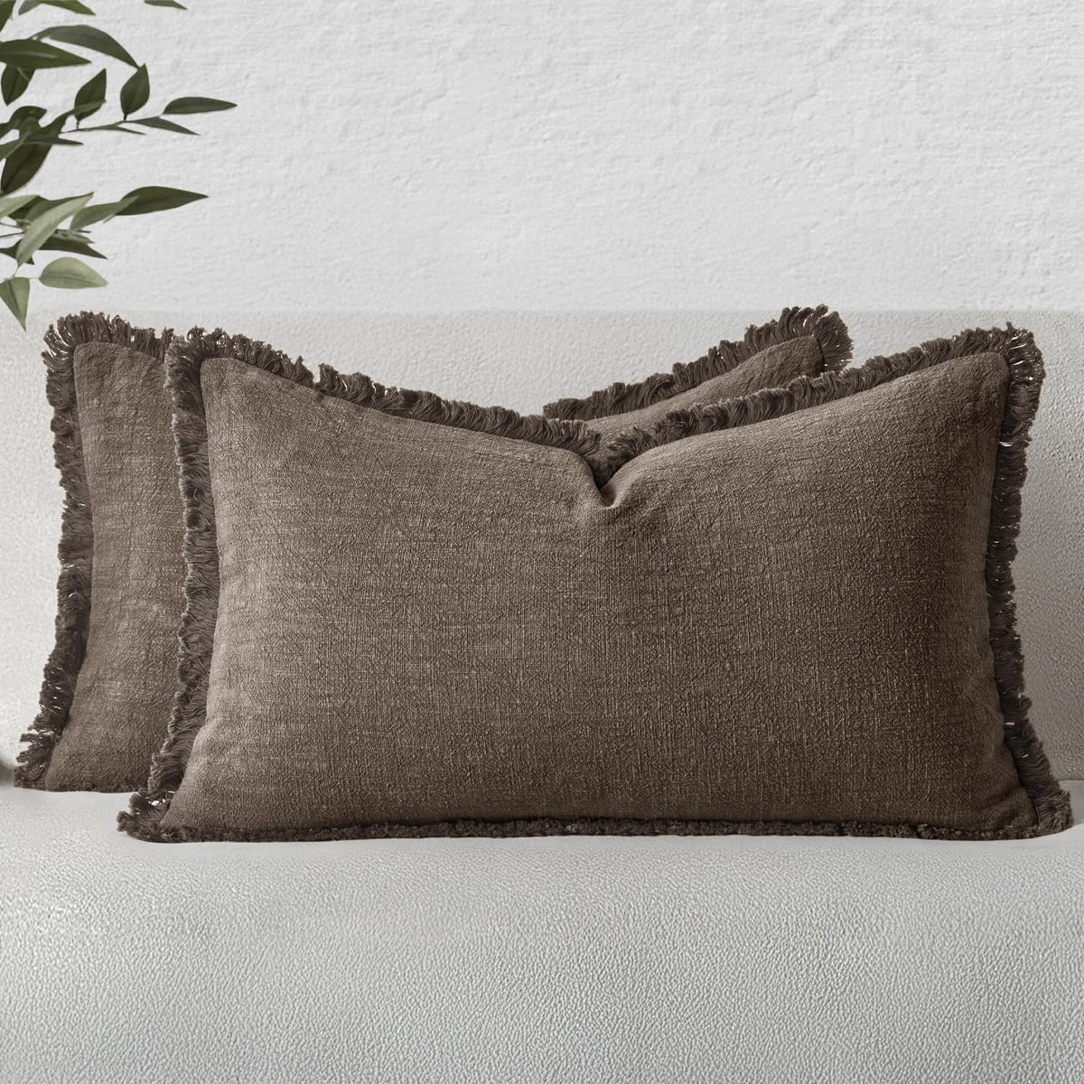 MIULEE Linen Fringe Decorative Throw Pillow Covers Natural Beige 20x20