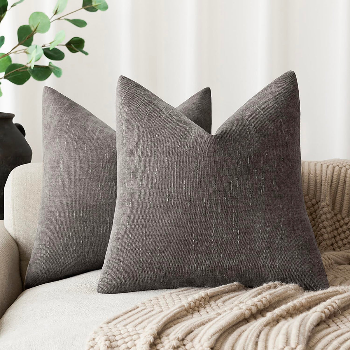 Foindtower Solid Textured Chenille Throw Pillow Covers 20x20 Inch,Taupe