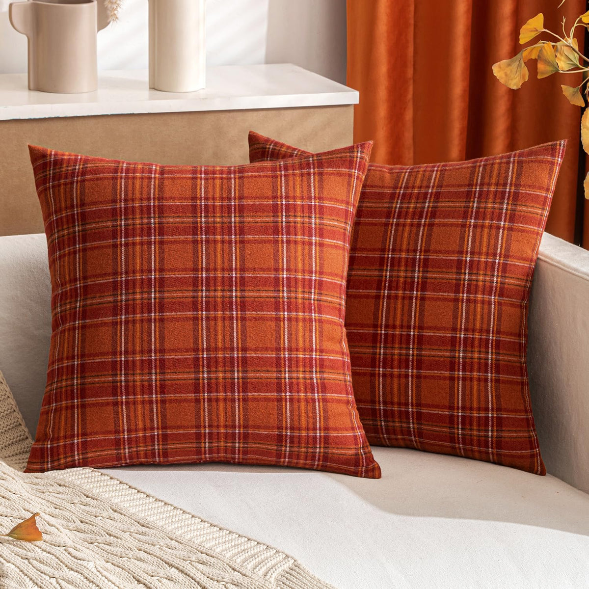 MIULEE Fall Plaid Pillow Covers Scottish Tartan 18x18 Brown