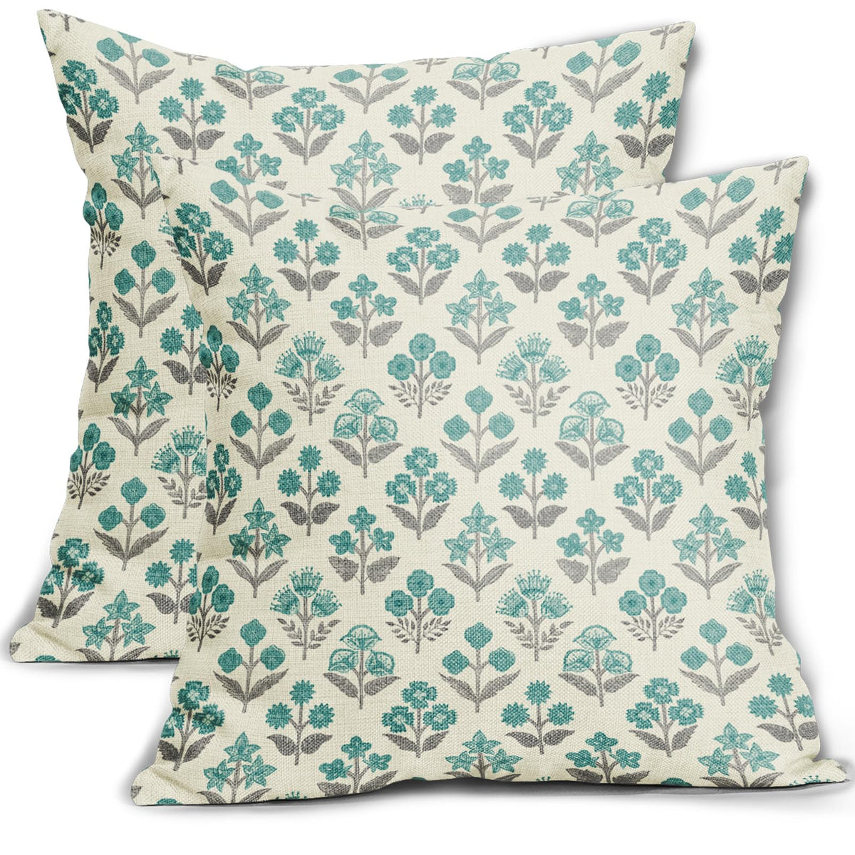 Blue Green Block Print Pillow Covers 18x18 Inch Set of 2, Vintage Floral Spring Decorative Throw Pillow Cases Boho Cushion Covers Rustic Decoration Gift Farmhouse Sofa Couch Bed Decor