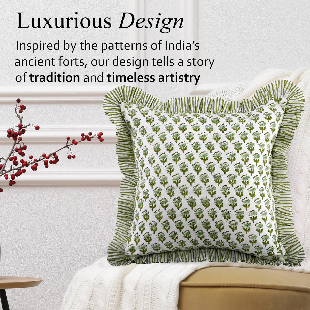 CPC Block Print Ruffle Throw Pillow Cover Emerald Green 20"x20", Pack of 2