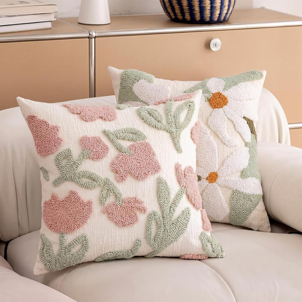 Premium Chenille Embroidered Throw Pillow Covers 18x18 Set of 2, Thick 3D Tufted Pink Floral Decorative Cushion Covers with Hidden Zipper for Couch Sofa Bed Living Room Boho Home Decor