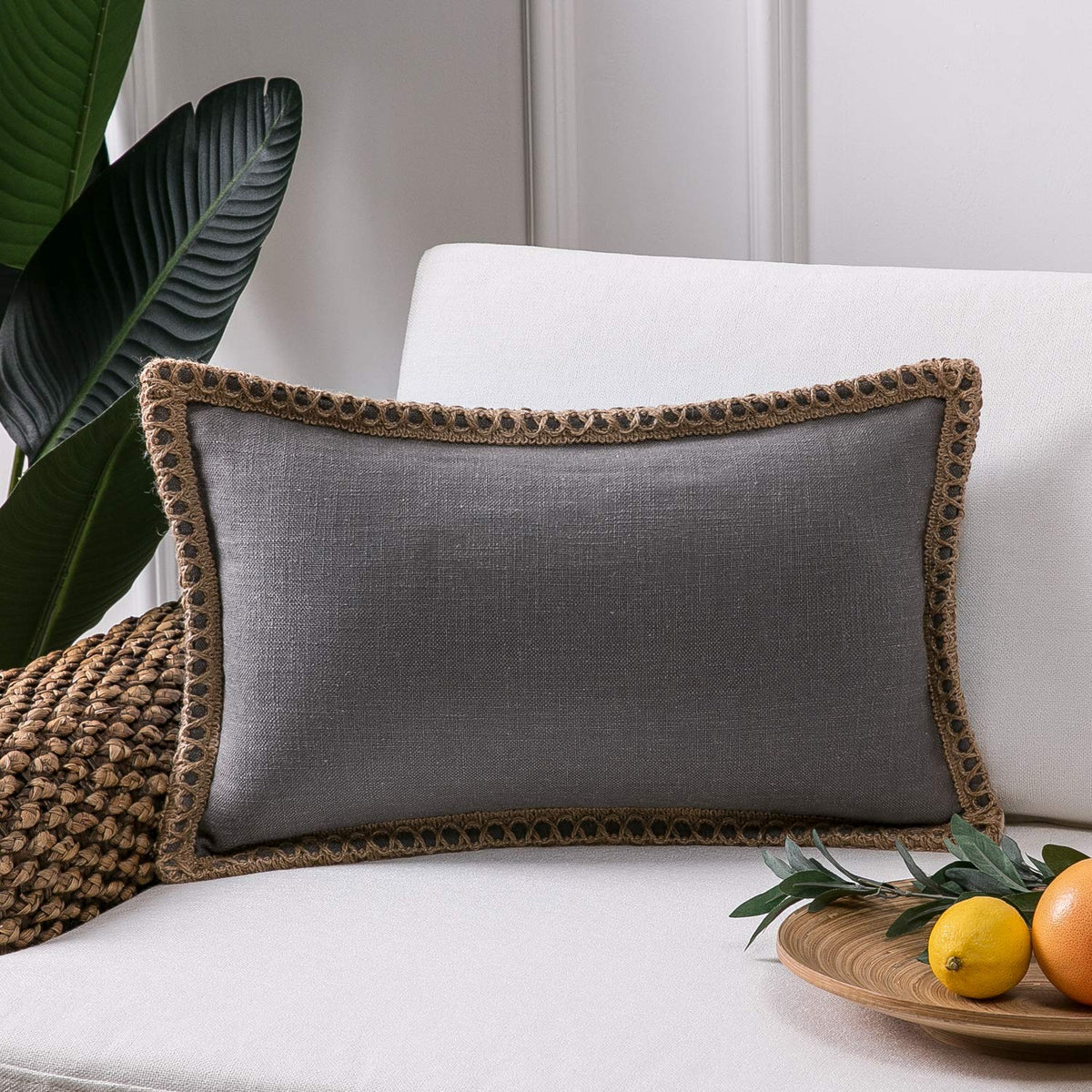 Phantoscope Pack of 2 Farmhouse Decorative Solid Throw Decorative Pillow Cover Burlap Linen Trimmed Tailored Edges Navy Blue 18 x 18 inches, 45 x 45 cm