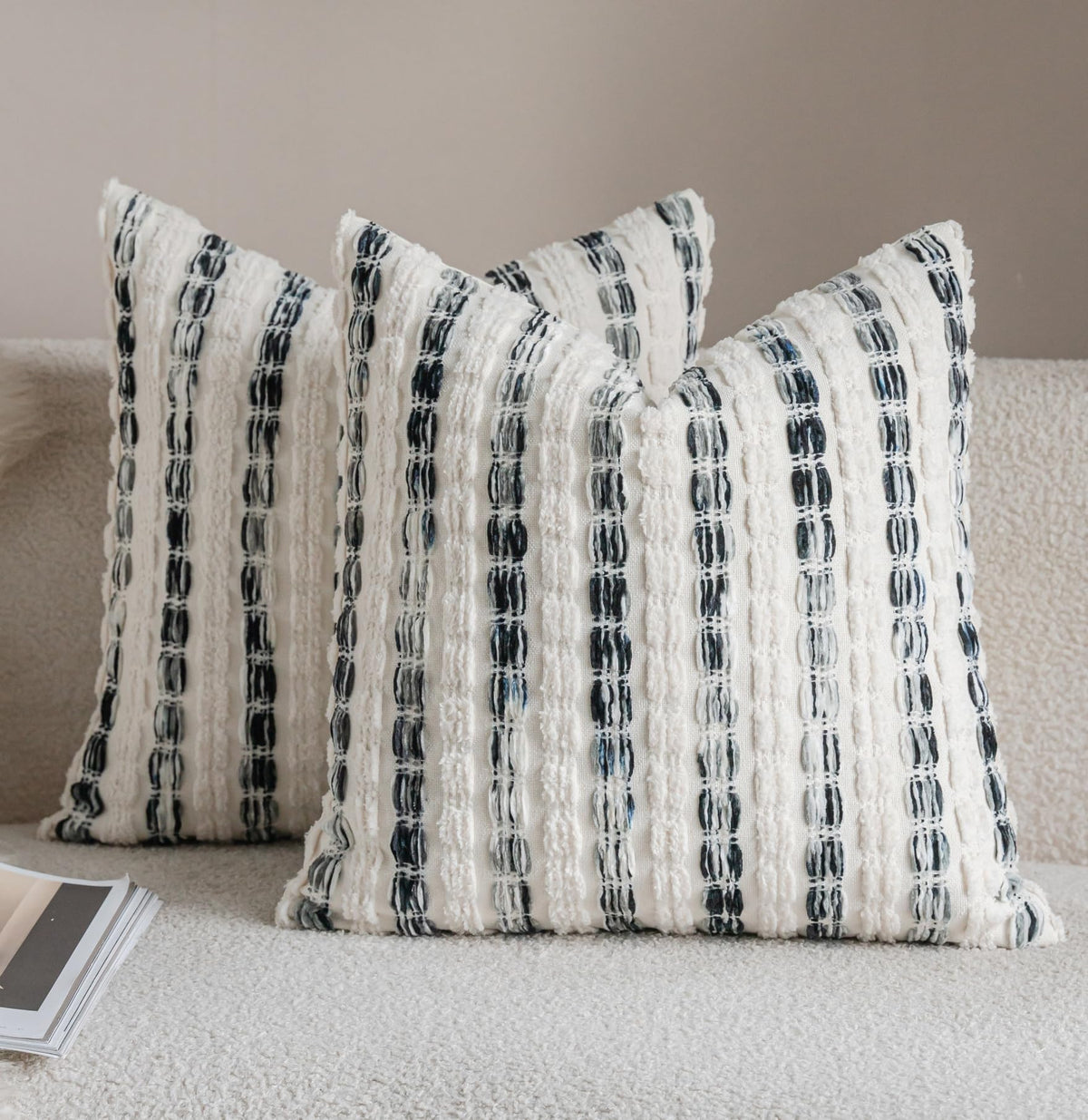 Caflife Beige Striped Chenille Boho Throw Pillow Covers 18x18 Inch Set of 2