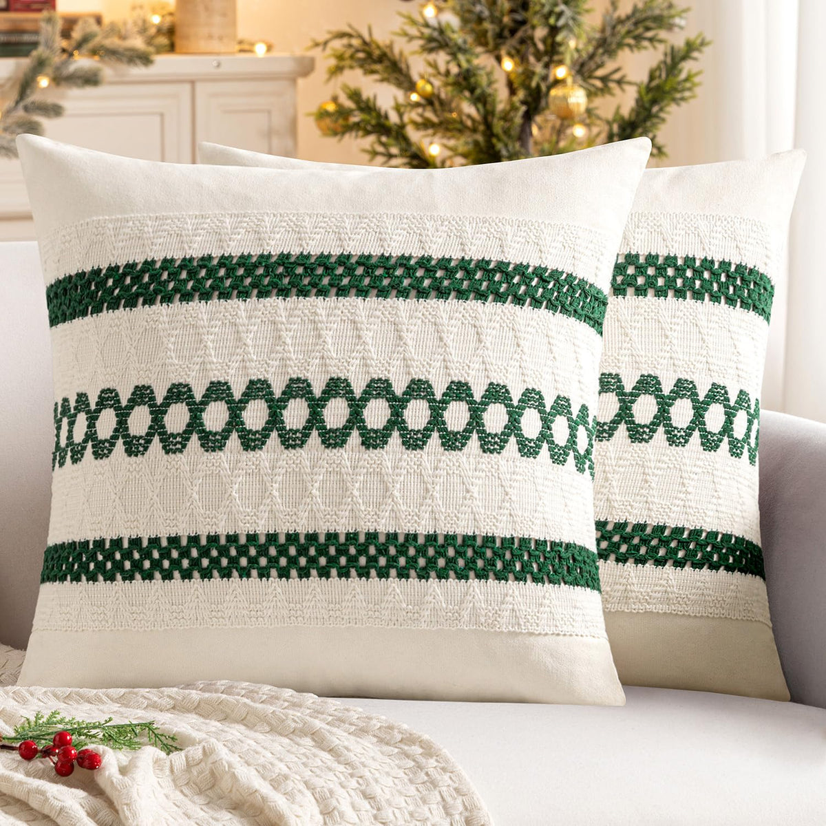 MIULEE Set of 2 Sage Green Boho Decorative Pillow Covers 18x18 Inch