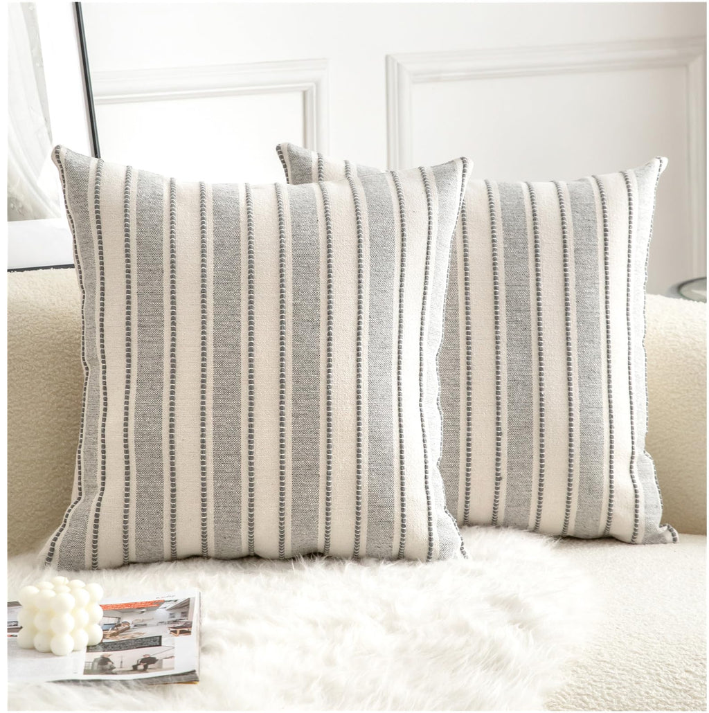 Cethom Decorative Boho Throw Pillow Covers, Farmhouse Textured Pillow Case, 20 x 20 Inch Set of 2, Chair Sofa Bedroom Living Room Home Decor Couch Cushion Case, Classic Blue and Beige Striped