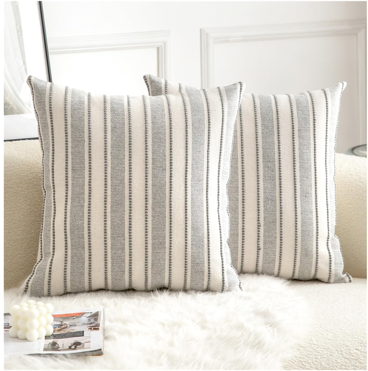 Cethom Decorative Boho Throw Pillow Covers, Farmhouse Textured Pillow Case, 20 x 20 Inch Set of 2, Chair Sofa Bedroom Living Room Home Decor Couch Cushion Case, Classic Blue and Beige Striped