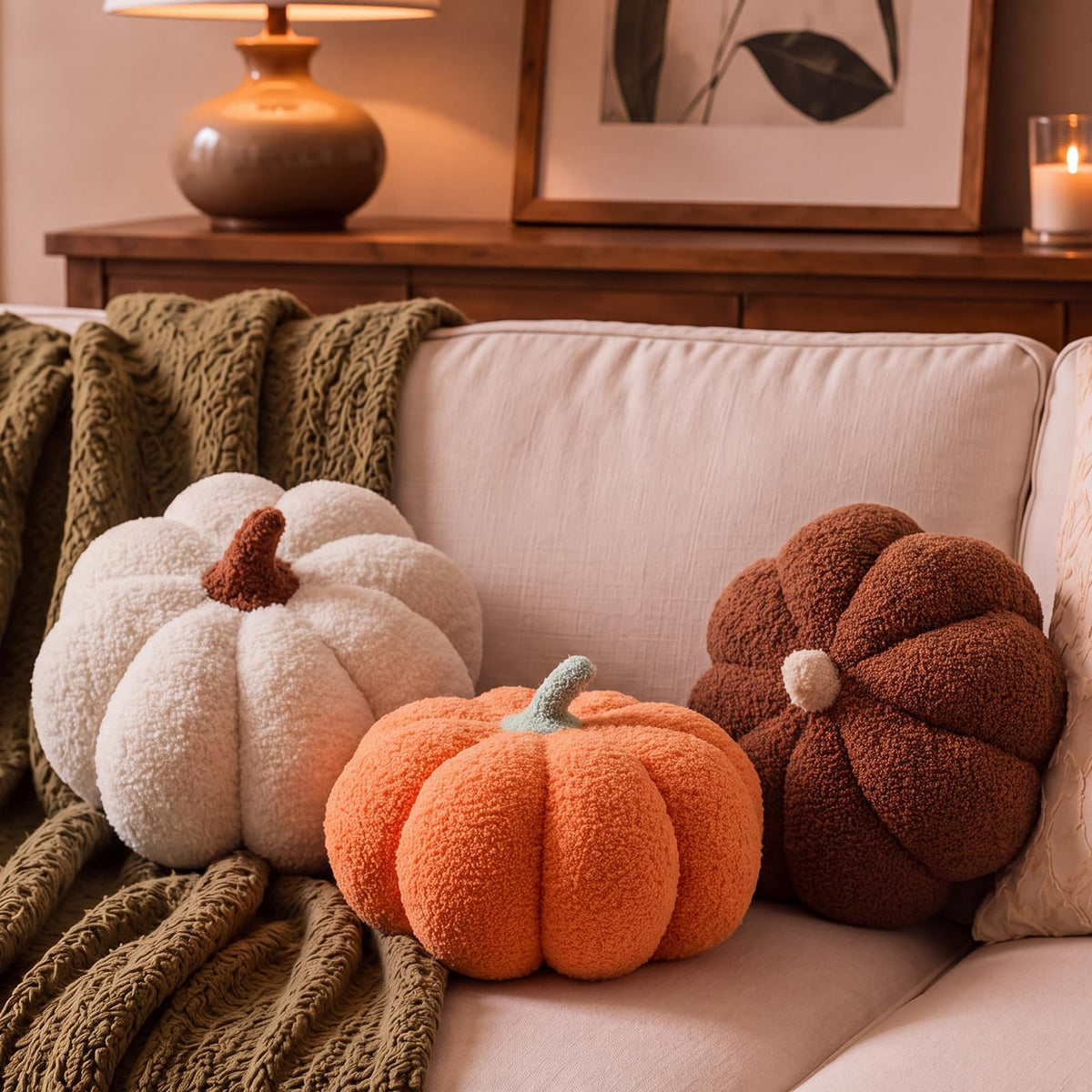 Juexica 3 Pcs Stuffed Pumpkin Pillows Fall Decor Cushions,Cool Neutral
