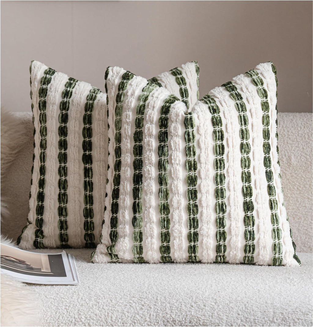 Caflife Beige Striped Chenille Boho Throw Pillow Covers 18x18 Inch Set of 2