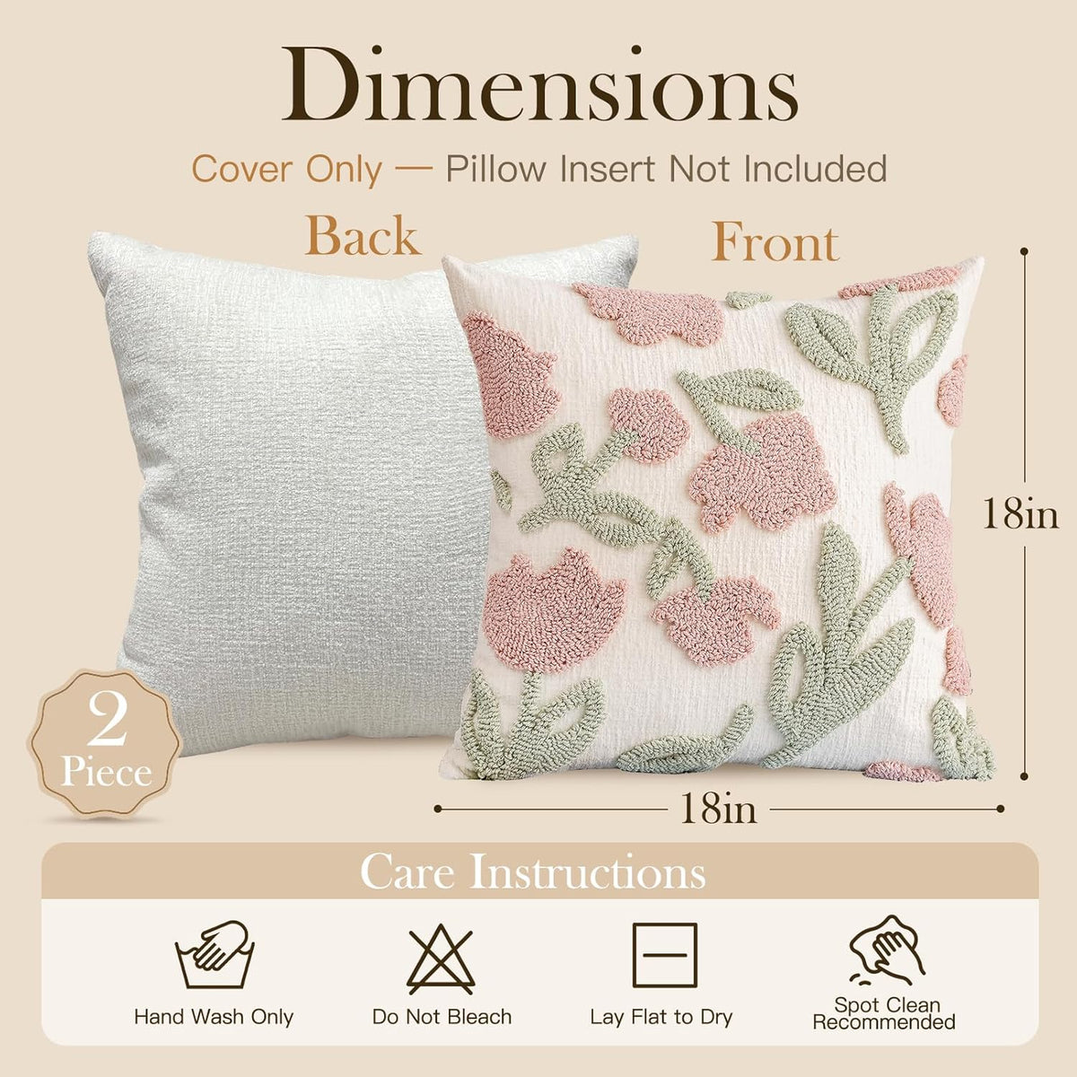 Premium Chenille Embroidered Throw Pillow Covers 18x18 Set of 2, Thick 3D Tufted Pink Floral Decorative Cushion Covers with Hidden Zipper for Couch Sofa Bed Living Room Boho Home Decor