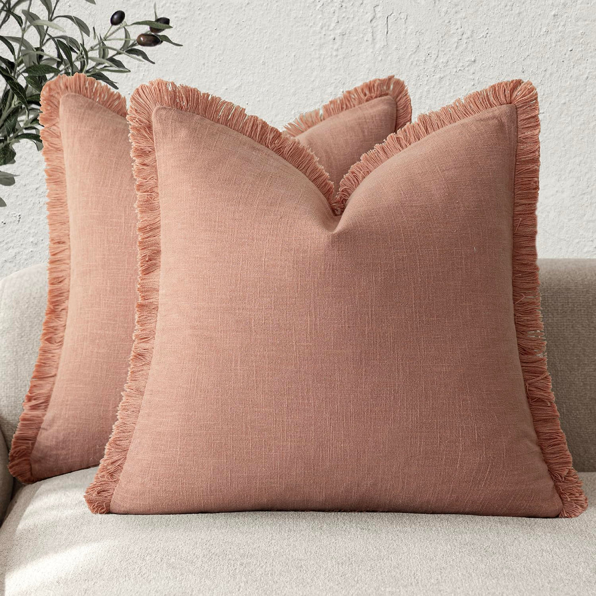 Foindtower Decorative Linen Fringe Throw Pillow Covers 18×18 Olive Green