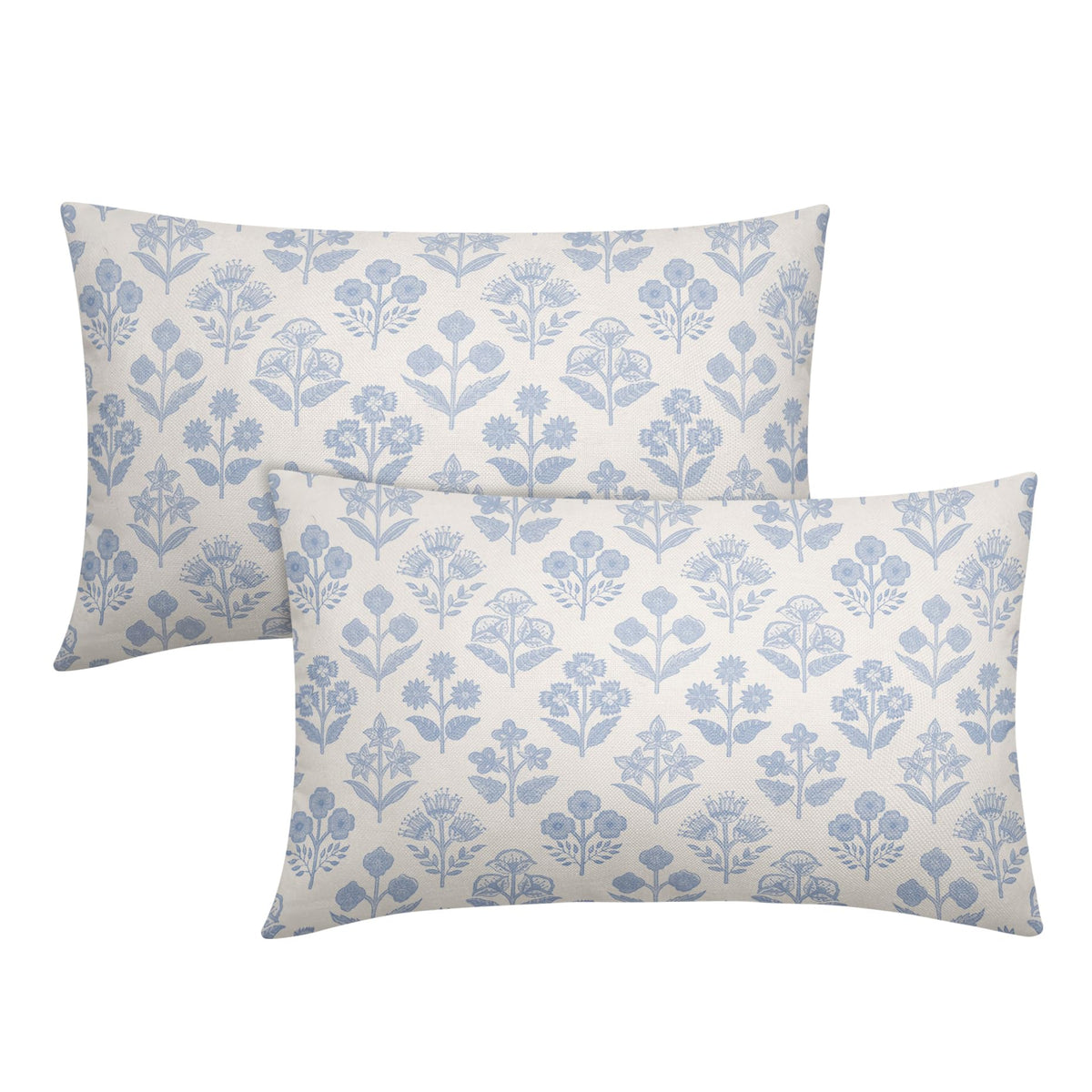 Blue Green Block Print Pillow Covers 18x18 Inch Set of 2, Vintage Floral Spring Decorative Throw Pillow Cases Boho Cushion Covers Rustic Decoration Gift Farmhouse Sofa Couch Bed Decor