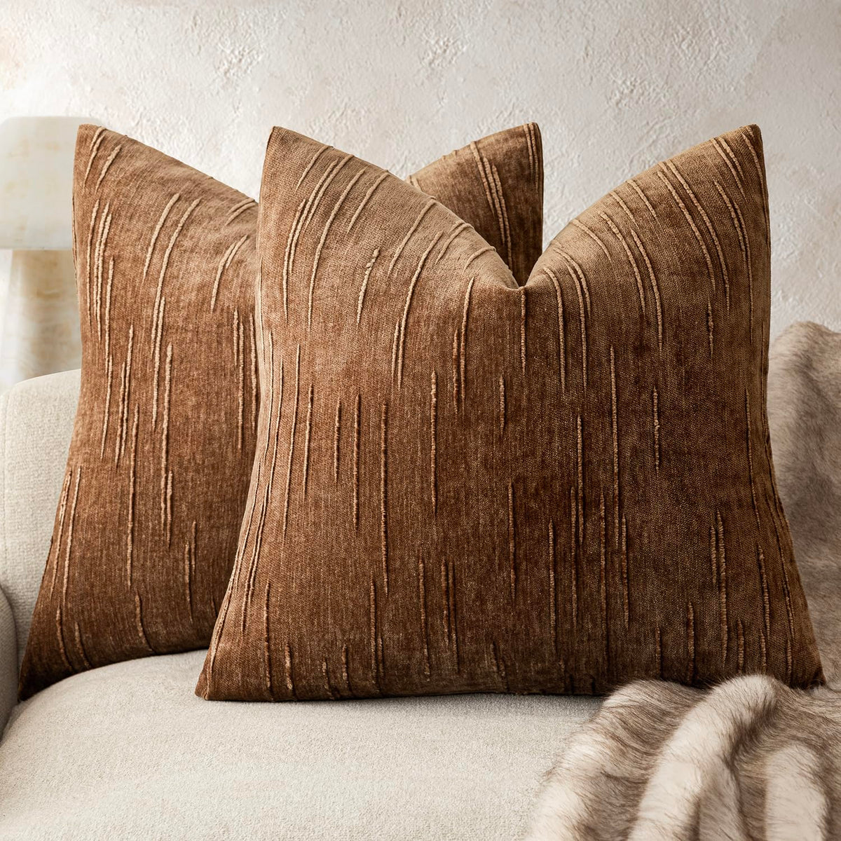 Foindtower Pack of 2 Slubby Textured Chenille Throw Decorative Pillow Covers Square Accent Solid Cushion Cover Neutral Farmhouse Pillow Case for Sofa Bedroom Living Room 18x18 Inch,Dark Olive Green