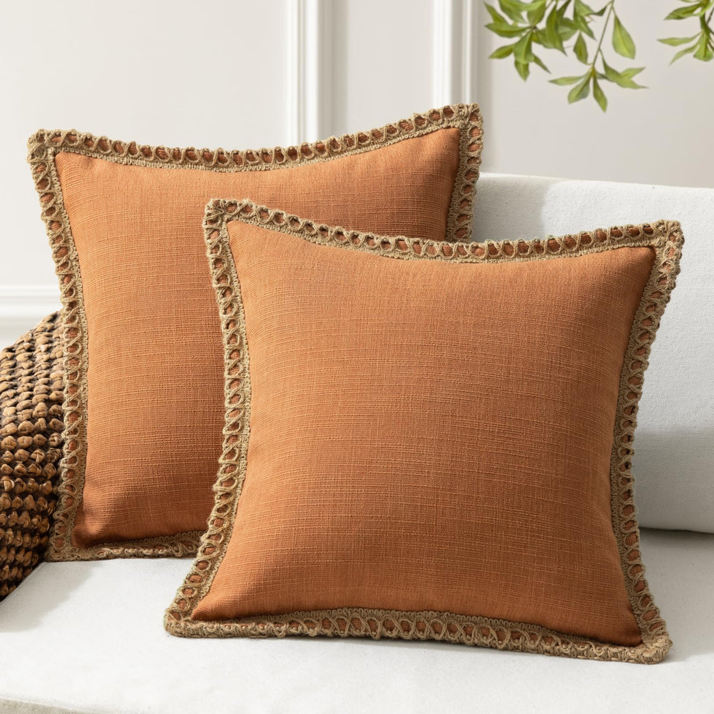 Phantoscope Pack of 2 Farmhouse Decorative Solid Throw Decorative Pillow Cover Burlap Linen Trimmed Tailored Edges Navy Blue 18 x 18 inches, 45 x 45 cm