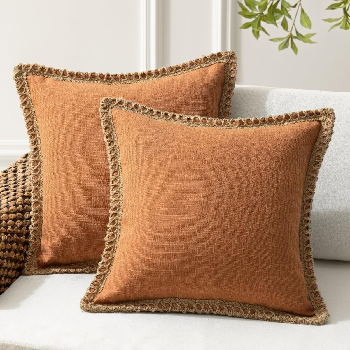 Phantoscope Pack of 2 Farmhouse Decorative Solid Throw Decorative Pillow Cover Burlap Linen Trimmed Tailored Edges Navy Blue 18 x 18 inches, 45 x 45 cm