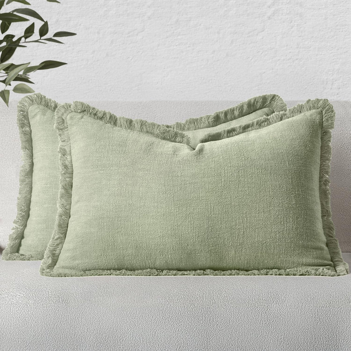 MIULEE Linen Fringe Decorative Throw Pillow Covers Natural Beige 20x20