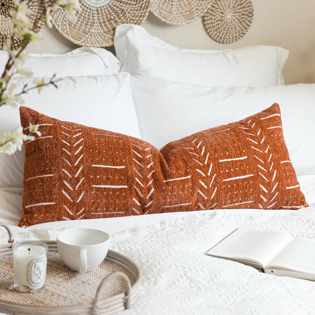 BlissBlush Decorative Lumbar Throw Pillow Covers 12X20 Set of 2, Brick Red Rust Boho Farmhouse Cushion Cover, Soft Accent Pillowcase for Couch Sofa Bed Living Room Home Décor