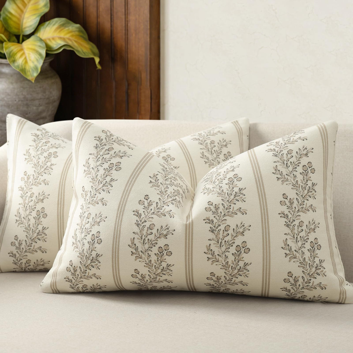 Vintage Throw Pillow Covers 18x18 Set of 2, Striped Floral Pillow Cover Botanical Patterned Decorative Cushion Covers Modern Farmhouse Home Decor for Sofa Couch Bed Living Room, Light Brown