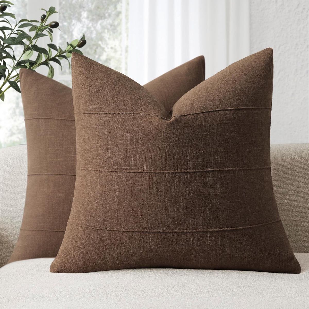 Decorative Linen Throw Pillow Covers 18x18 Set of 2 Solid handcrafted Striped Cushion Covers for Bed Soft Modern Farmhouse Neutral Pillowcase for Couch Bedroom Living Room Home Decor(Natural Beige)
