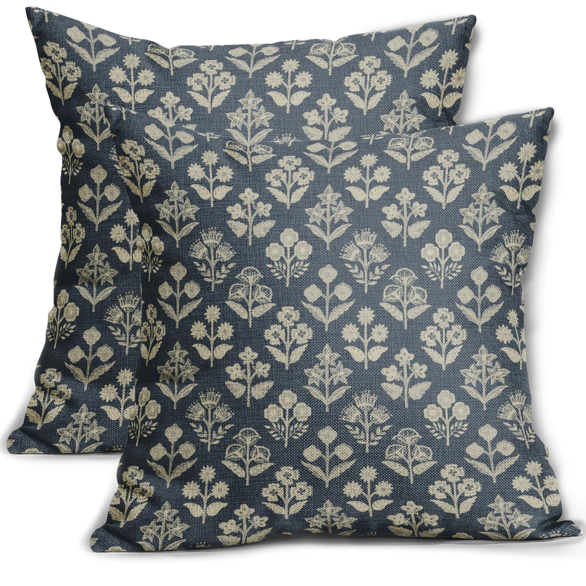 Blue Green Block Print Pillow Covers 18x18 Inch Set of 2, Vintage Floral Spring Decorative Throw Pillow Cases Boho Cushion Covers Rustic Decoration Gift Farmhouse Sofa Couch Bed Decor