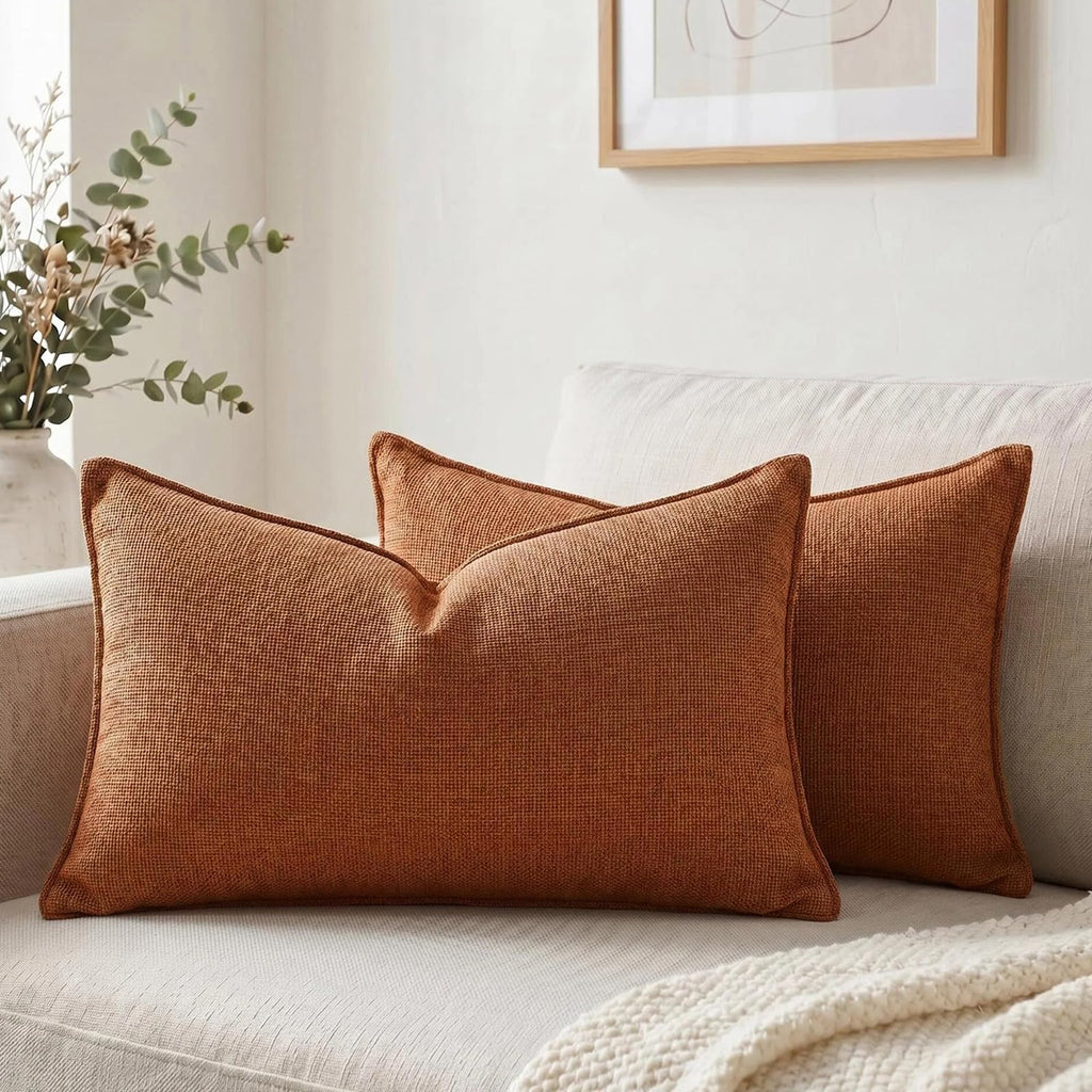 Fancy Homi Set of 2 Sage Green 12x20 Inch Soft Chenille Decorative Throw Pillow Covers with Flange Edge, Lumbar Neutral Modern Boho Textured Cushion Case Home Decor for Couch Sofa Bed Living Room