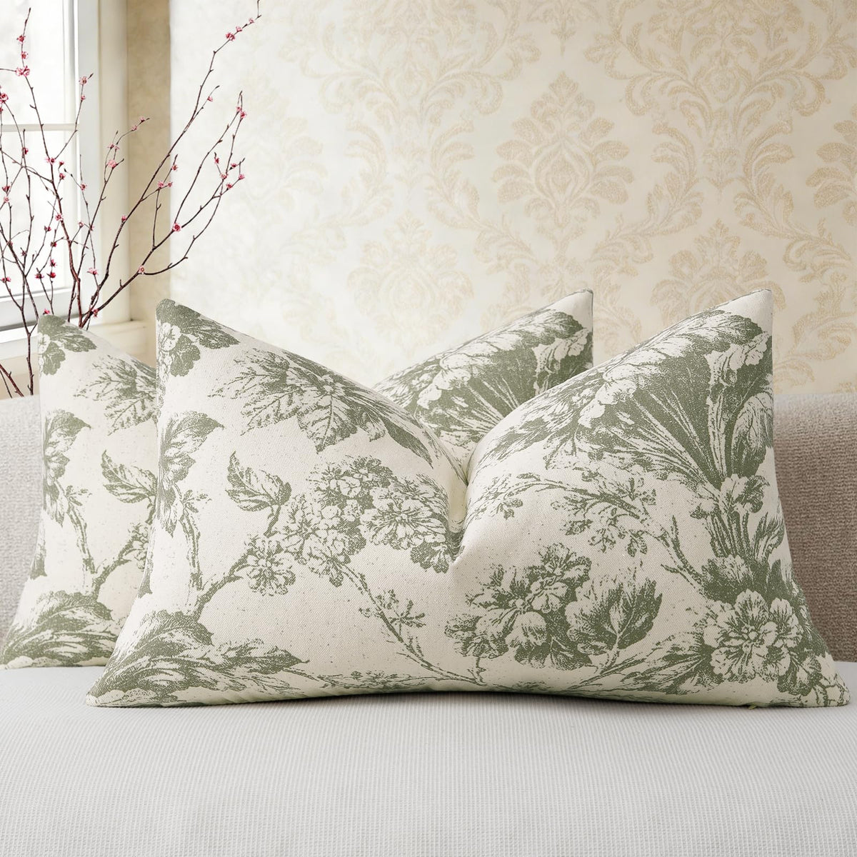 Buenohuas Farmhouse Decorative Pillow Covers 18x18 Set of 2, Vintage Botanical Floral Patterned Cushion Covers for Sofa Couch Chair Bed Living Room Home Decor Accents, Olive Green
