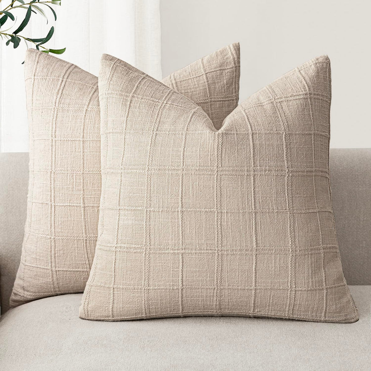 Foindtower Boho Linen Check Decorative Throw Pillow Cover 20×20 Olive Green