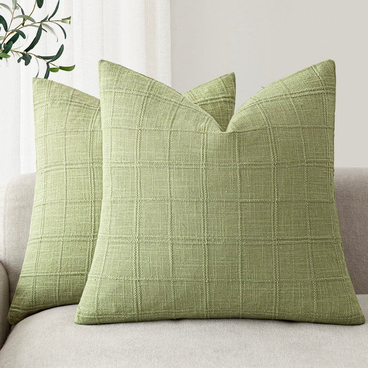 Foindtower Boho Linen Check Decorative Throw Pillow Cover 20×20 Olive Green