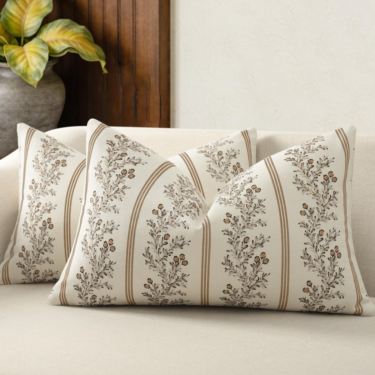 Vintage Throw Pillow Covers 18x18 Set of 2, Striped Floral Pillow Cover Botanical Patterned Decorative Cushion Covers Modern Farmhouse Home Decor for Sofa Couch Bed Living Room, Light Brown
