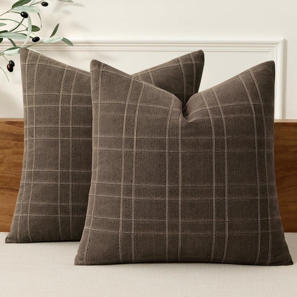 MIULEE Linen Plaid Pillow Covers Decorative 20x20 Natural Beige