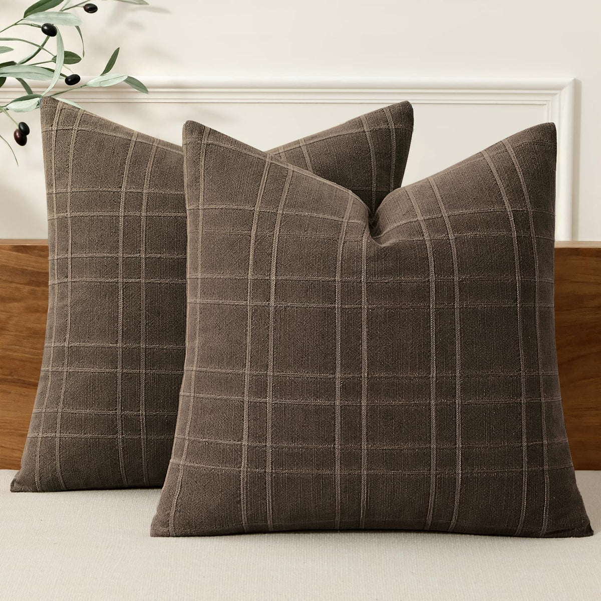 MIULEE Linen Plaid Pillow Covers Decorative 20x20 Natural Beige