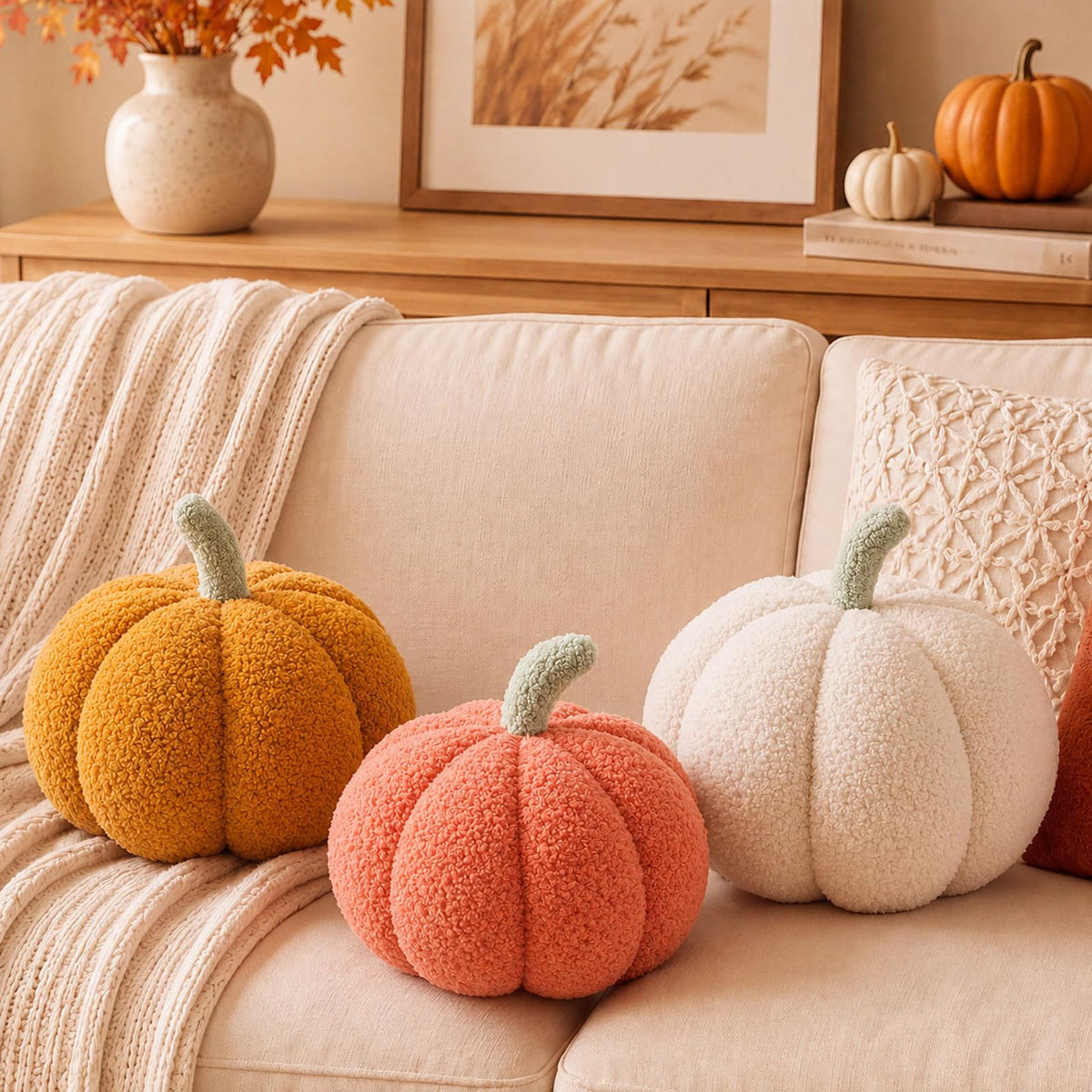 Juexica 3 Pcs Stuffed Pumpkin Pillows Fall Decor Cushions,Cool Neutral