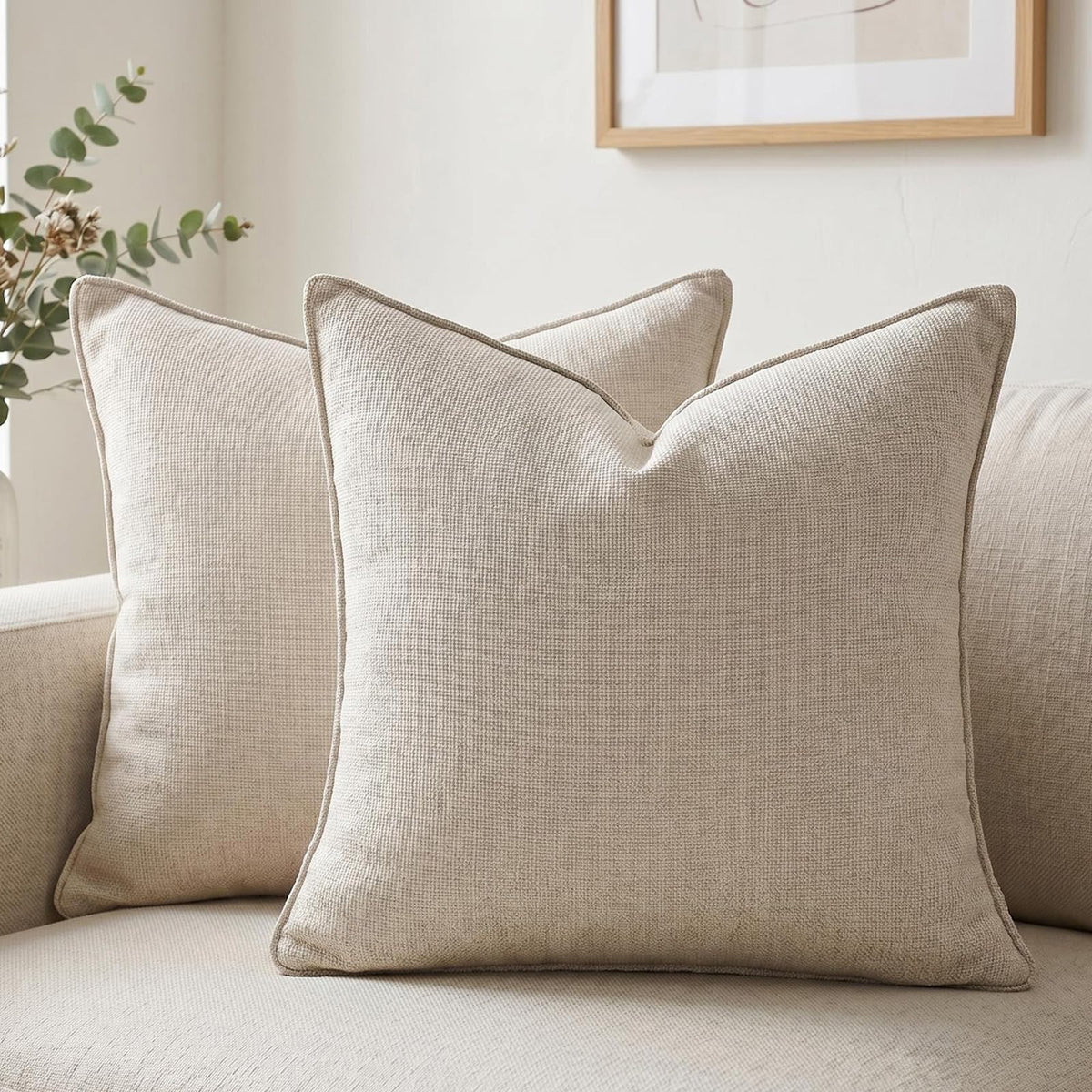 Fancy Homi Set of 2 Sage Green 12x20 Inch Soft Chenille Decorative Throw Pillow Covers with Flange Edge, Lumbar Neutral Modern Boho Textured Cushion Case Home Decor for Couch Sofa Bed Living Room