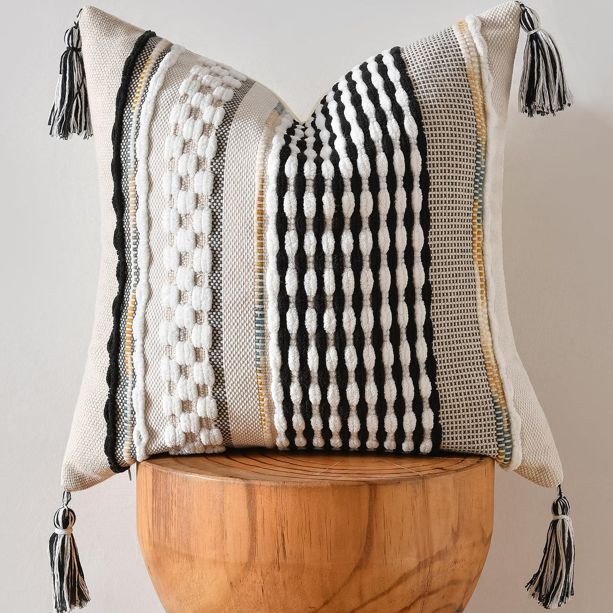 AmHoo Set of 2 Chenille Striped Textured Boho Throw Pillow Covers Aesthetic with Tassels Woven Decorative Pillow Case for Couch Bed Sofa Bedroom Modern Funky 18 x 18-Inch Brown