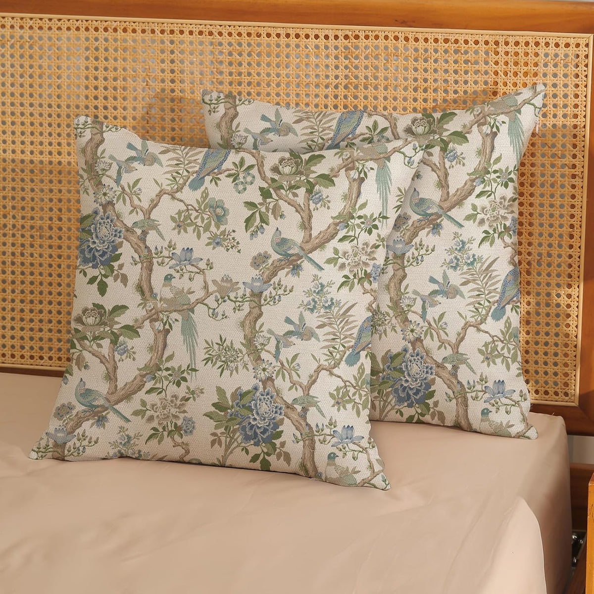 Chinoiserie Pillow Covers 18x18 Set of 2 Blue Green Bird Floral Throw Pillows Vintage Blue Flowers Decorations Outdoor Pillowcase Chinoiserie Decor Farmhouse Linen Cushion Case for Couch Home