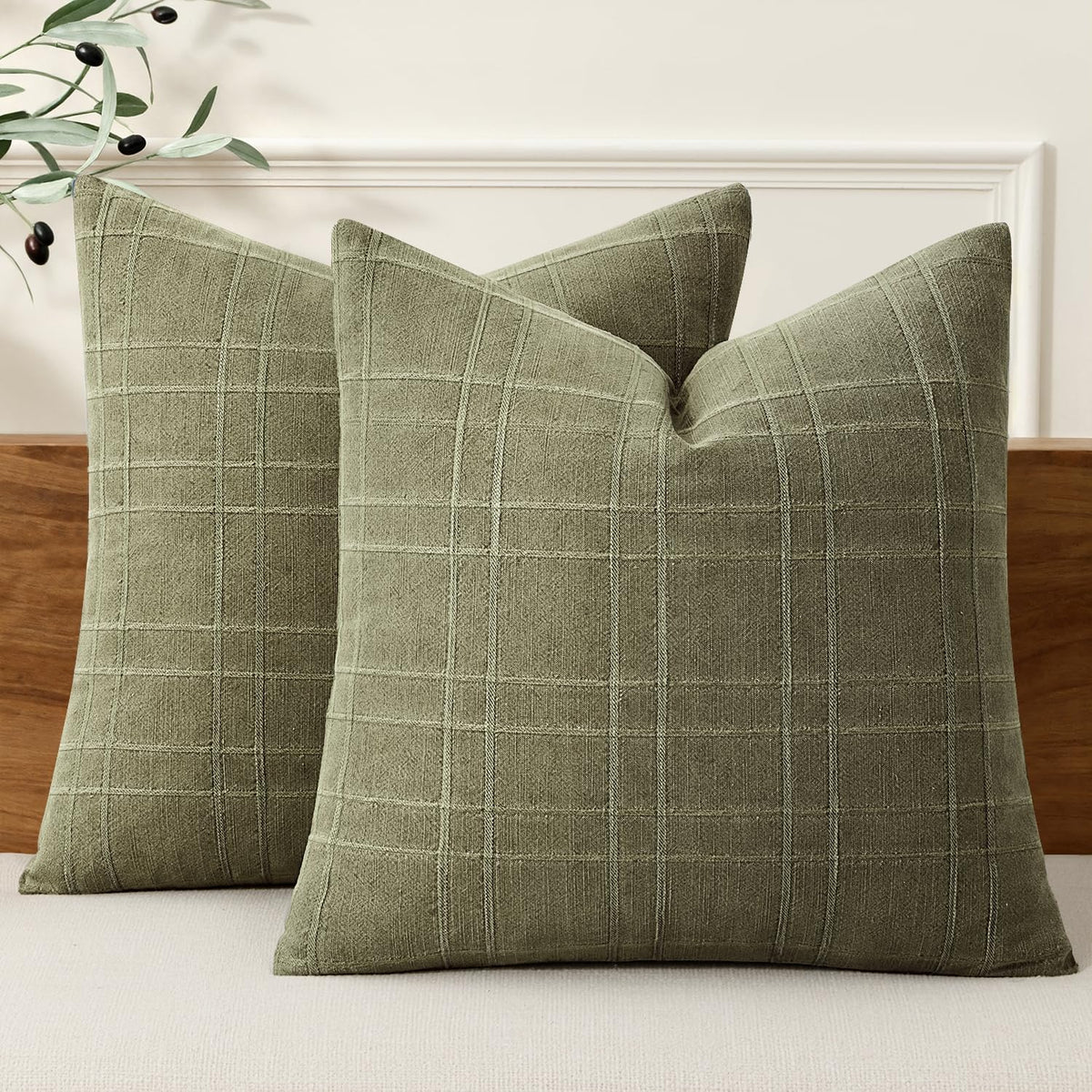 MIULEE Linen Plaid Pillow Covers Decorative 20x20 Natural Beige