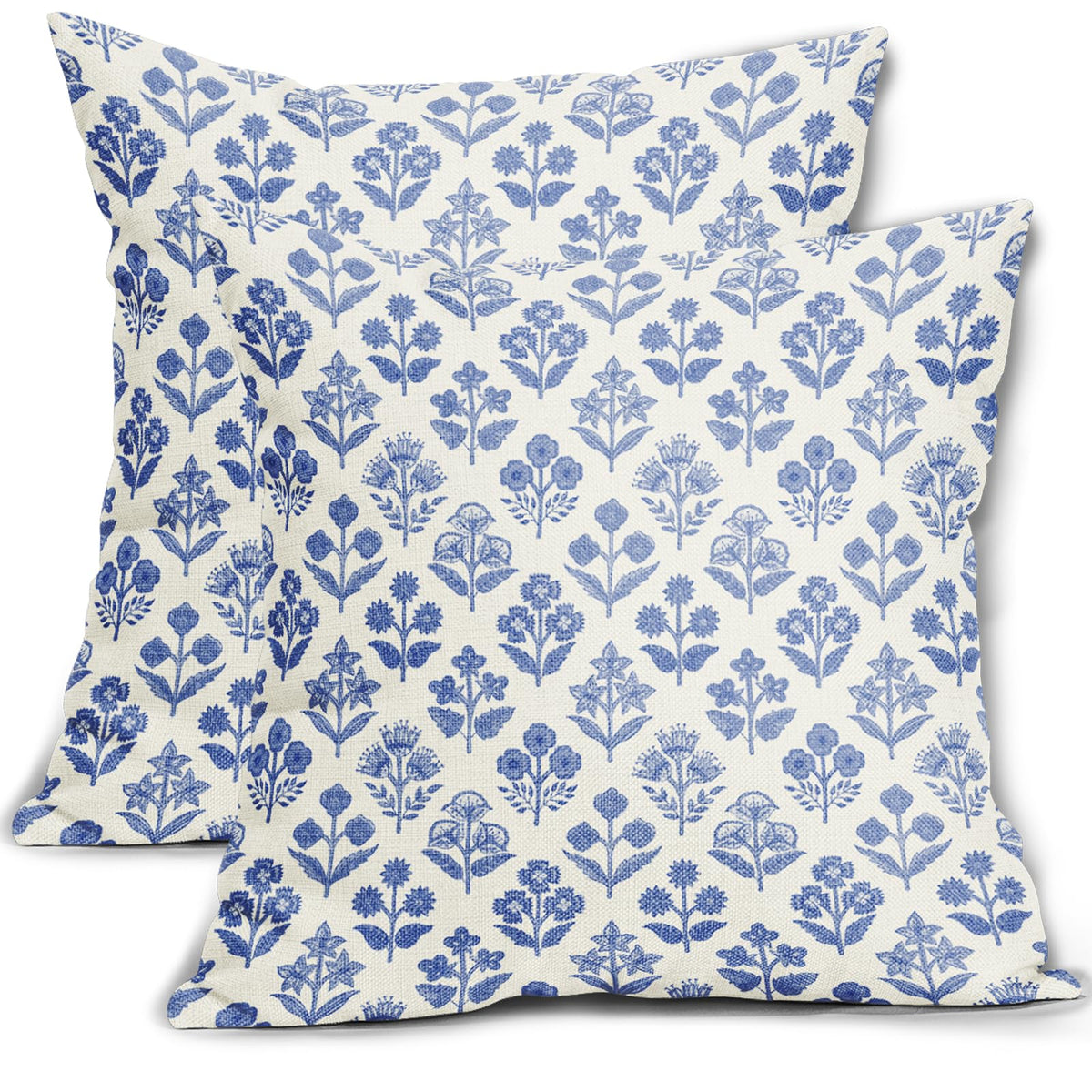 Blue Green Block Print Pillow Covers 18x18 Inch Set of 2, Vintage Floral Spring Decorative Throw Pillow Cases Boho Cushion Covers Rustic Decoration Gift Farmhouse Sofa Couch Bed Decor