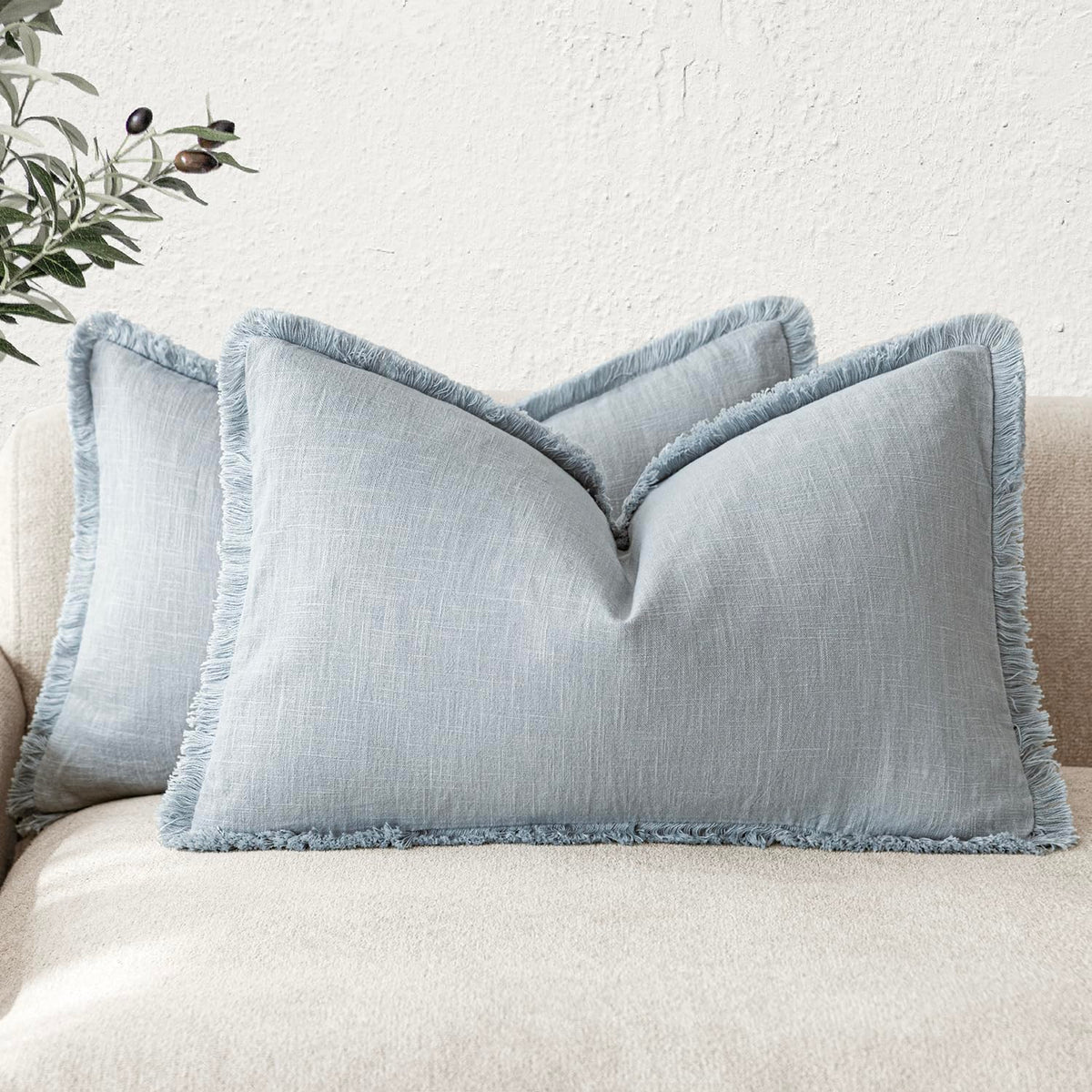 Foindtower Decorative Linen Fringe Throw Pillow Covers 18×18 Olive Green