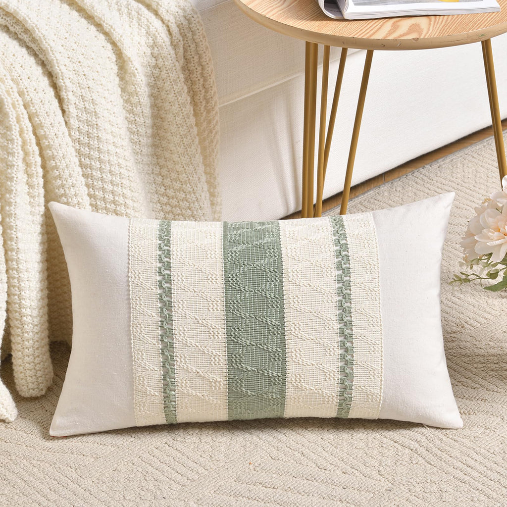 Fancy Homi Set of 1 Sage Green Boho Lumbar Decorative Throw Pillow Covers 12x20 Inch for Living Room Bedroom Couch Bed Chair, Rustic Retro Cushion Case, Bohemian Room Home Decor