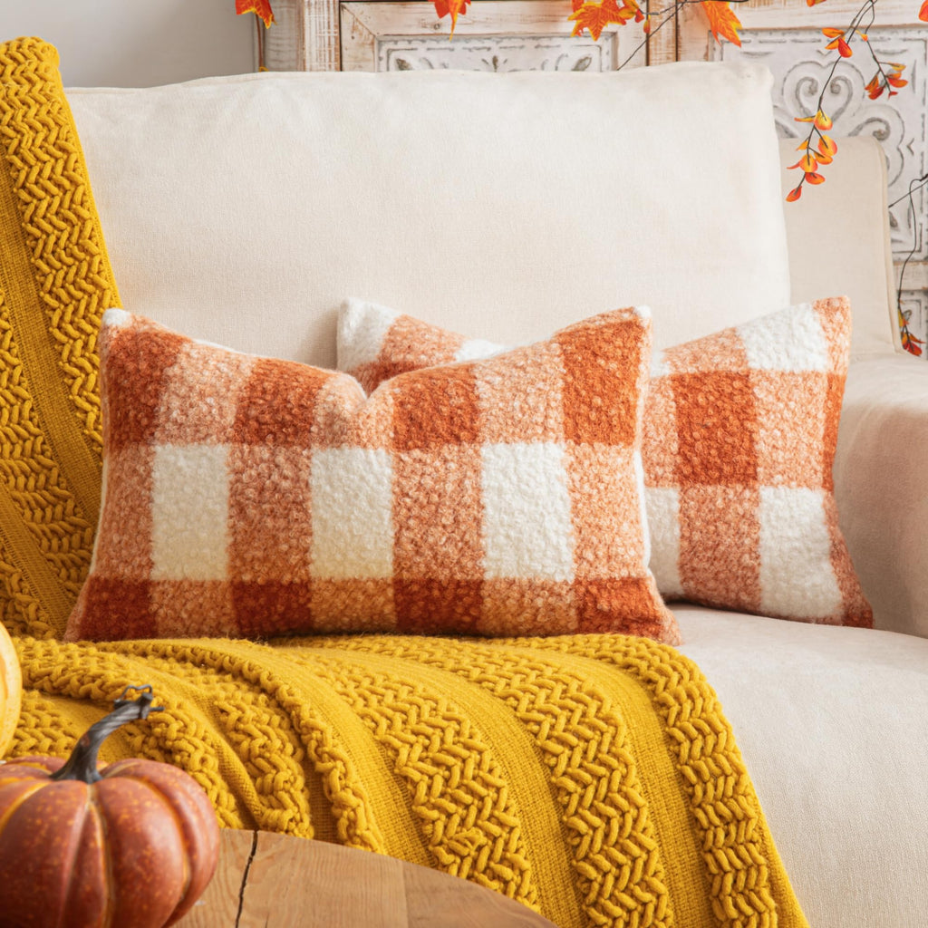 AQOTHES Plaid Fall Throw Pillow Covers Orange 18x18 Inch Set of 2